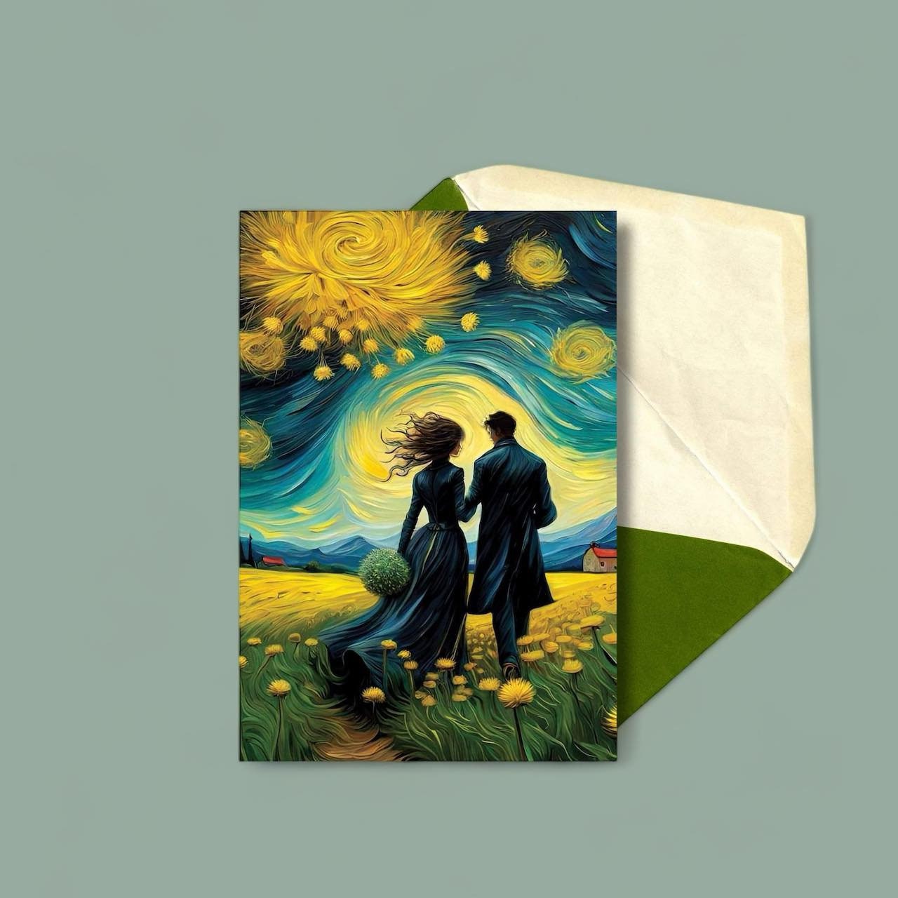 Beautiful Printable Romantic Card: Van Gogh-inspired painting of couple walking in meadow