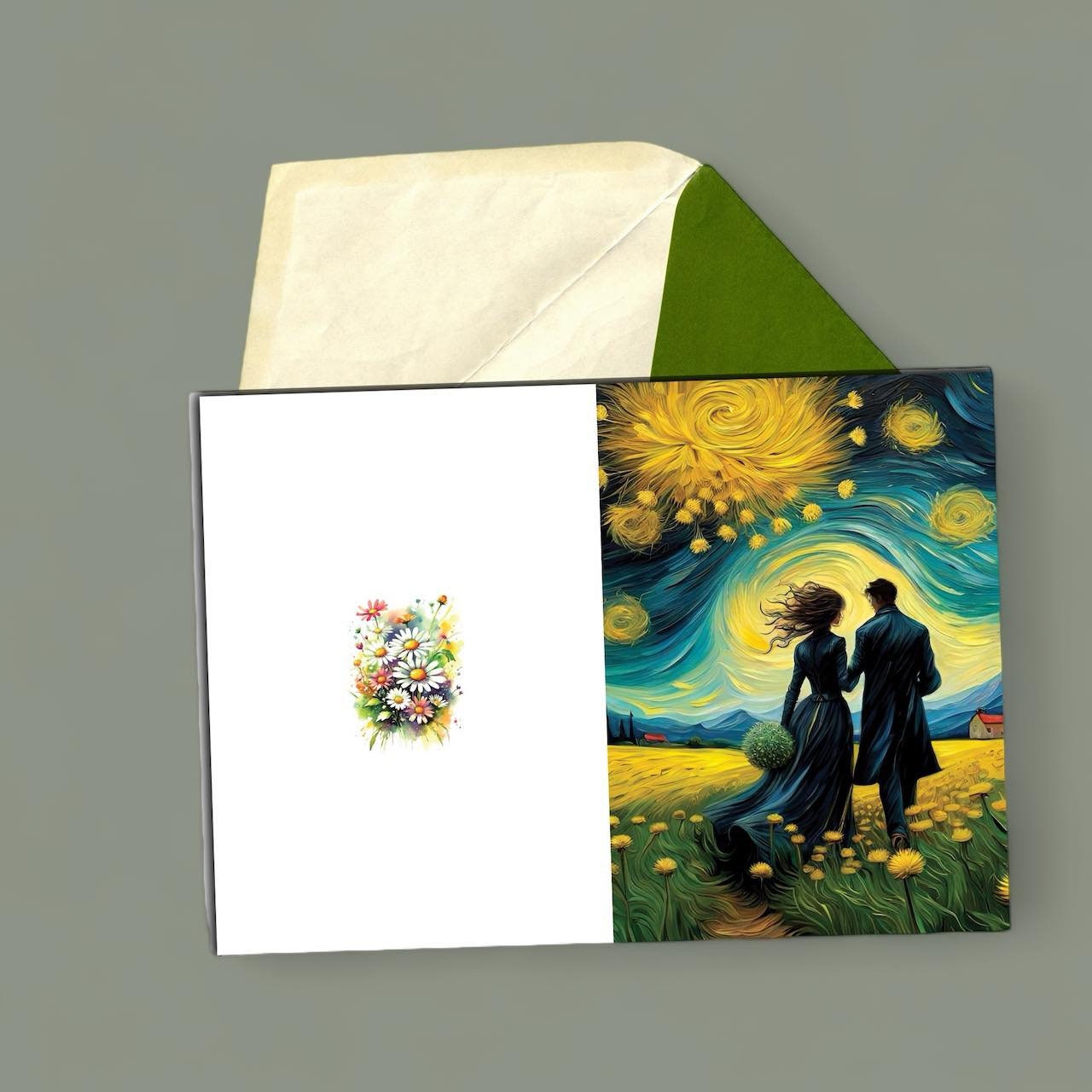 Beautiful Printable Romantic Card: Van Gogh-inspired painting of couple walking in meadow