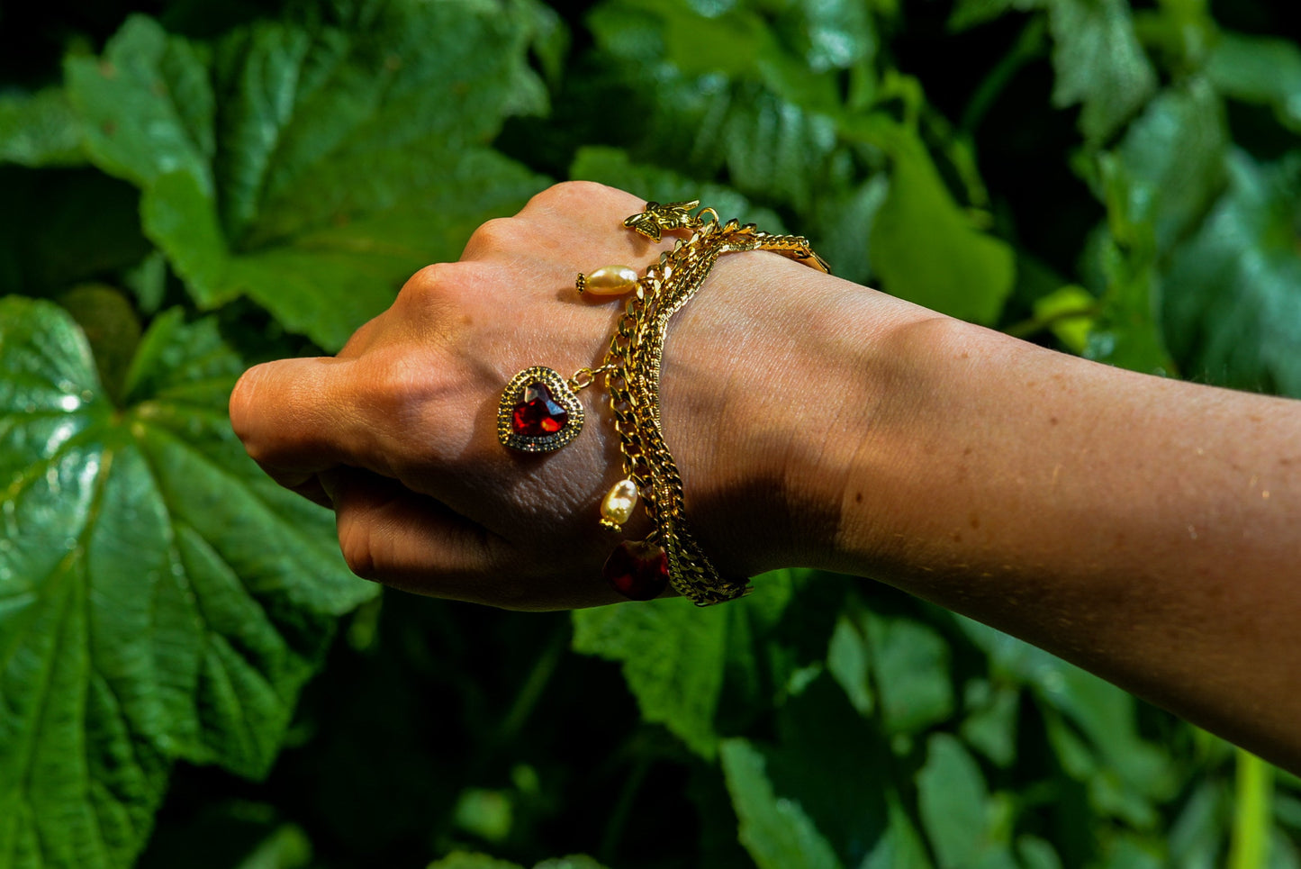 Romantic Golden Charm Bracelet with Petal, Angel, Ruby Heart and Pink Mother Pearls