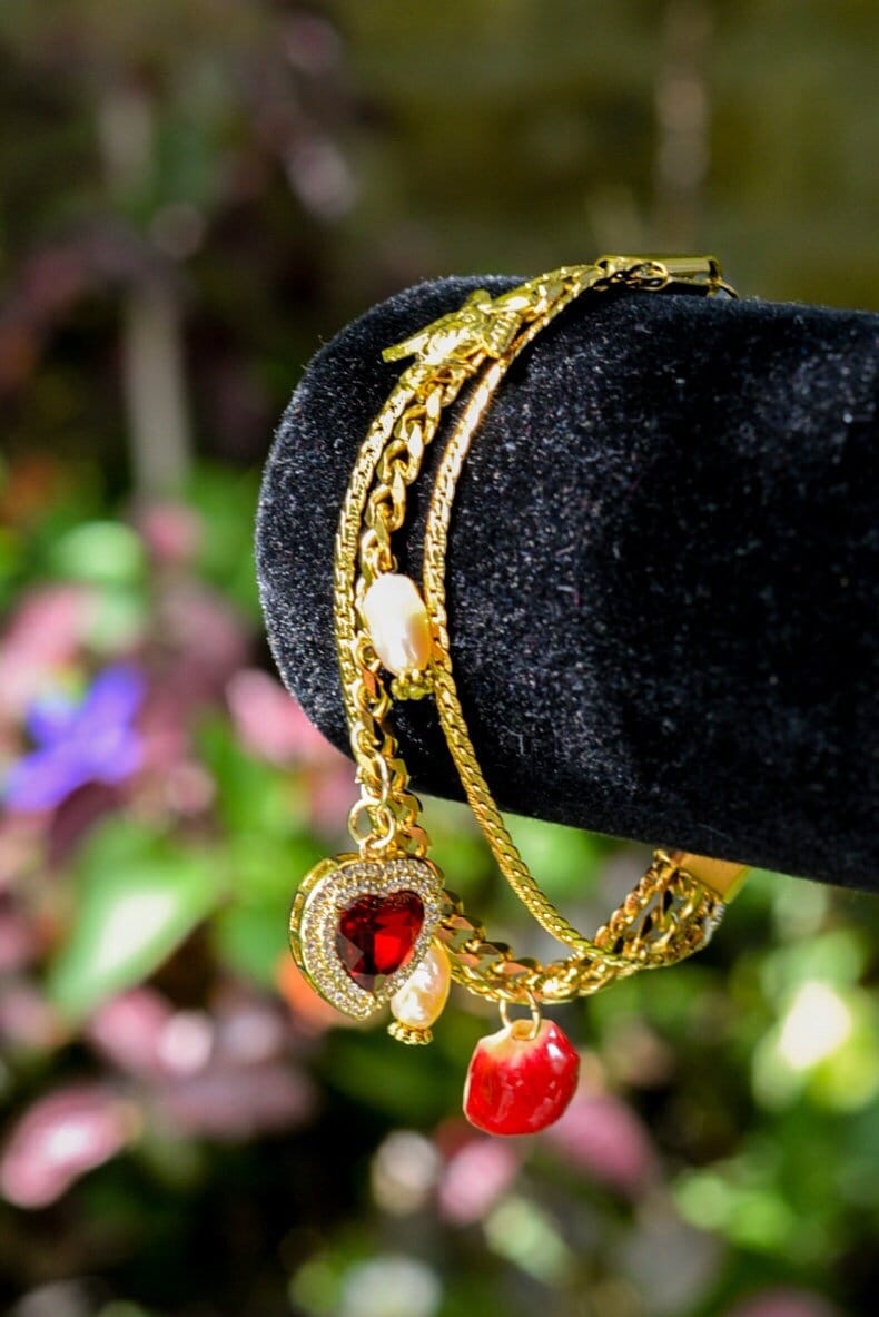 Romantic Golden Charm Bracelet with Petal, Angel, Ruby Heart and Pink Mother Pearls