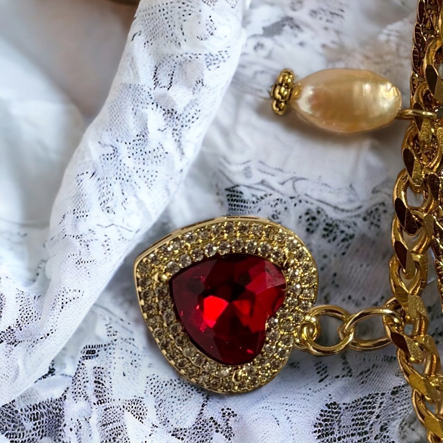 Romantic Golden Charm Bracelet with Petal, Angel, Ruby Heart and Pink Mother Pearls