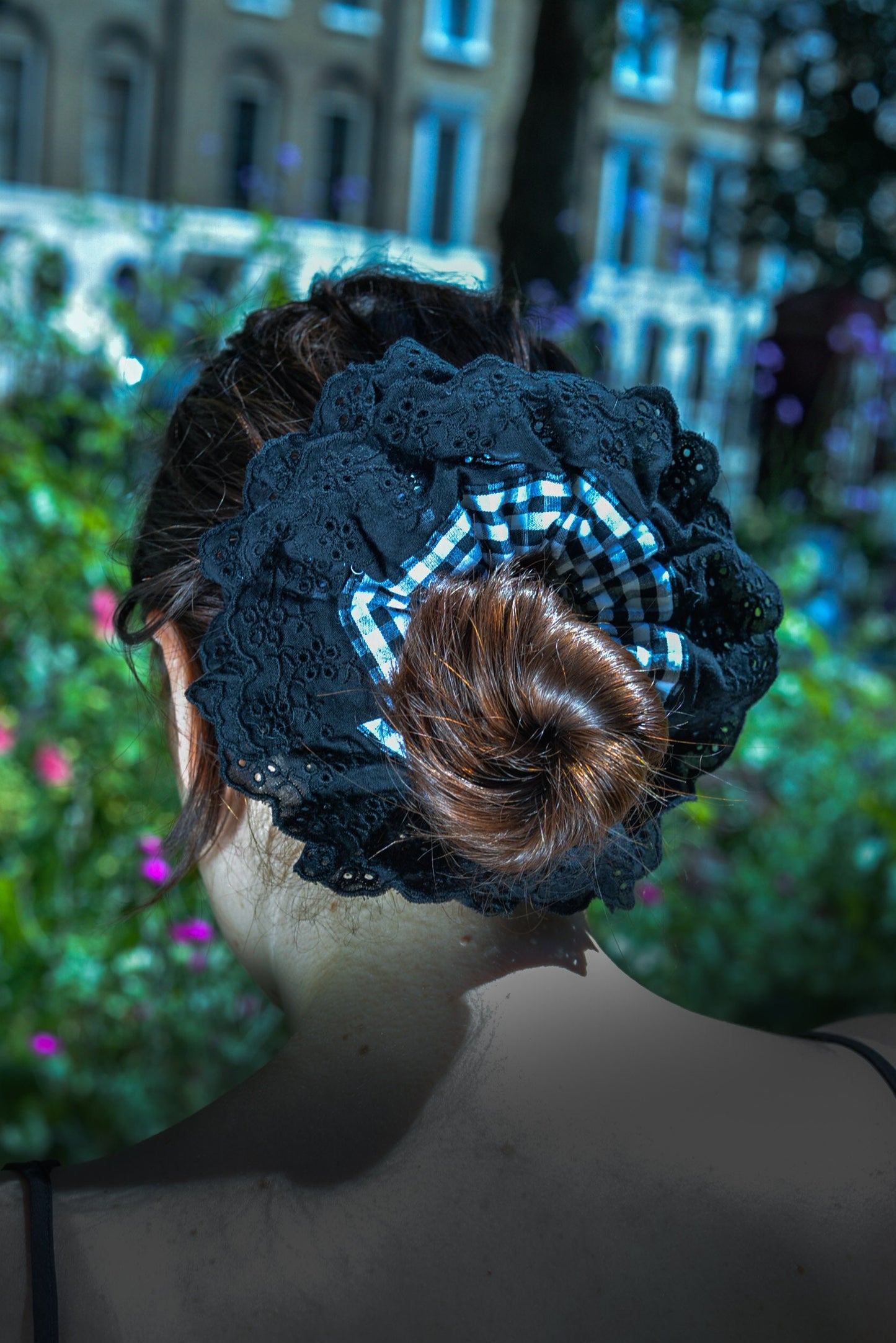 XL Gingham Scrunchie: Black Lace Trim, Soft Elastic Hair Tie