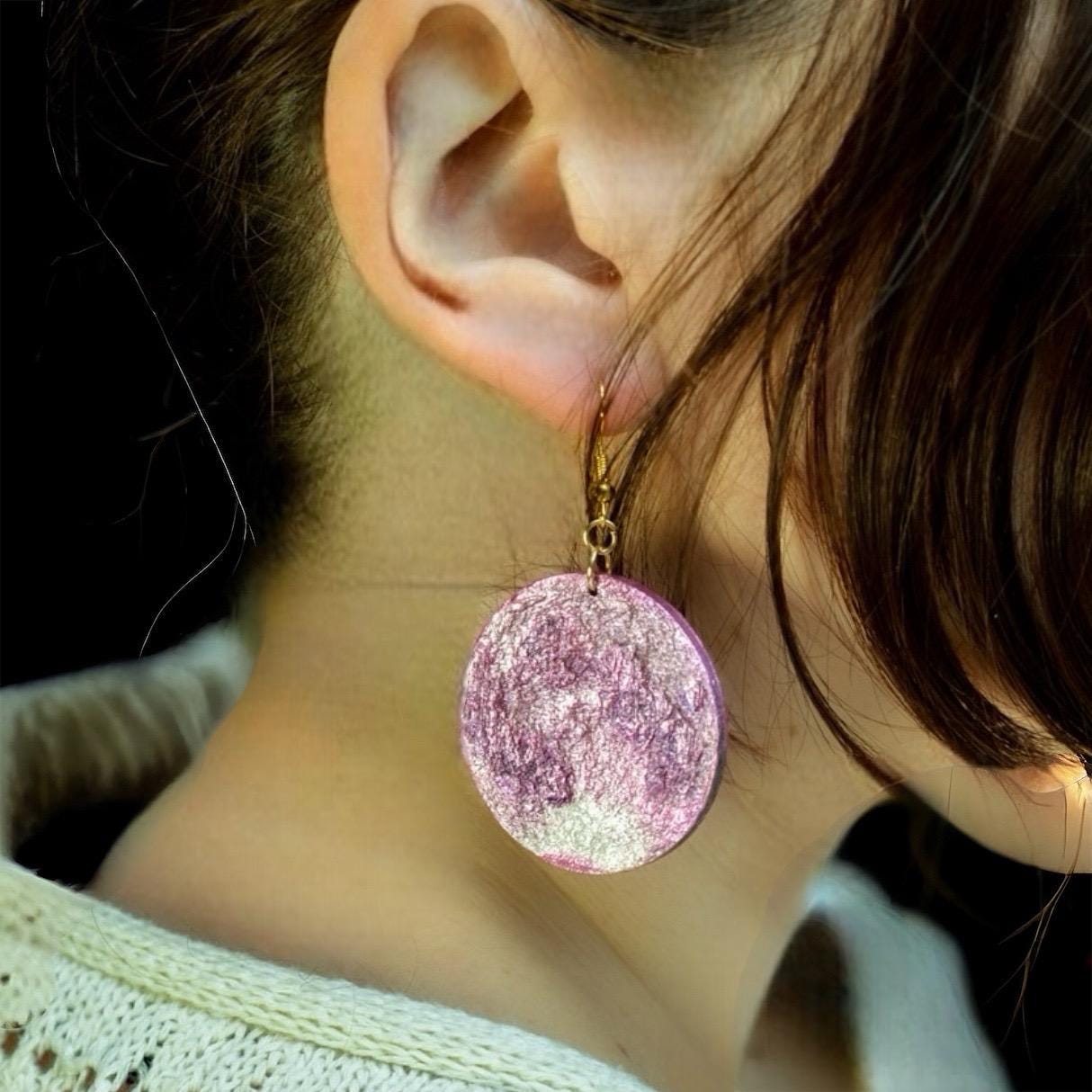 Hand Painted Wooden Strawberry Moon Earrings: Boho Celestial Jewelry