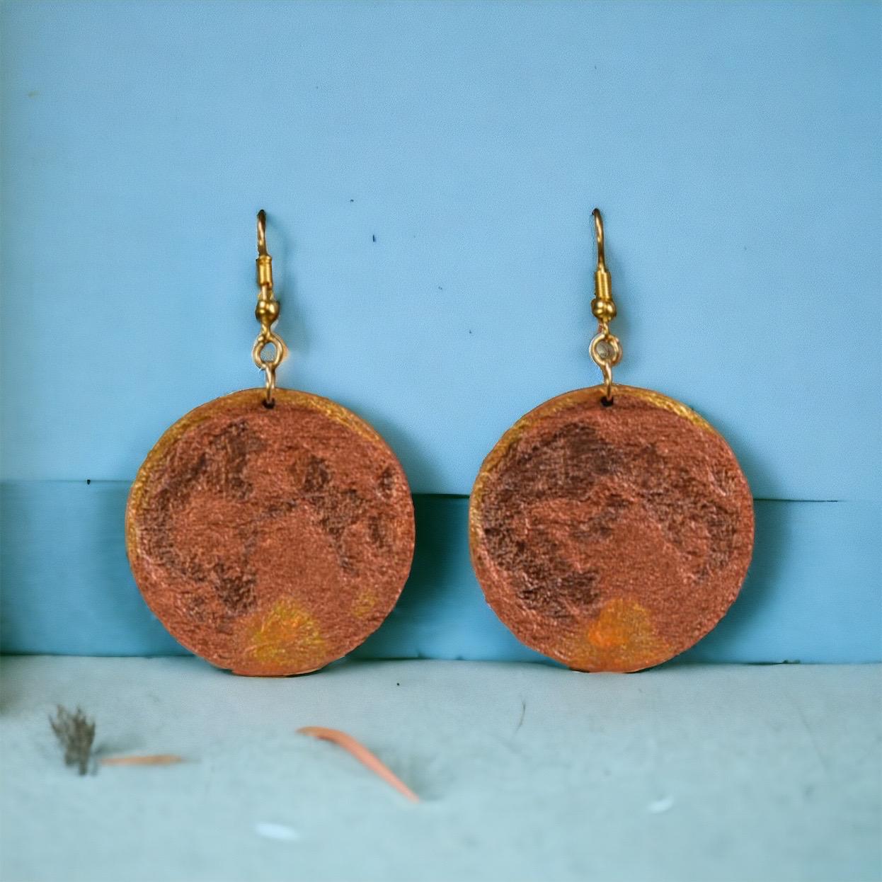 Stunning Wooden ‘Harvest Moon’ Dangling Earrings
