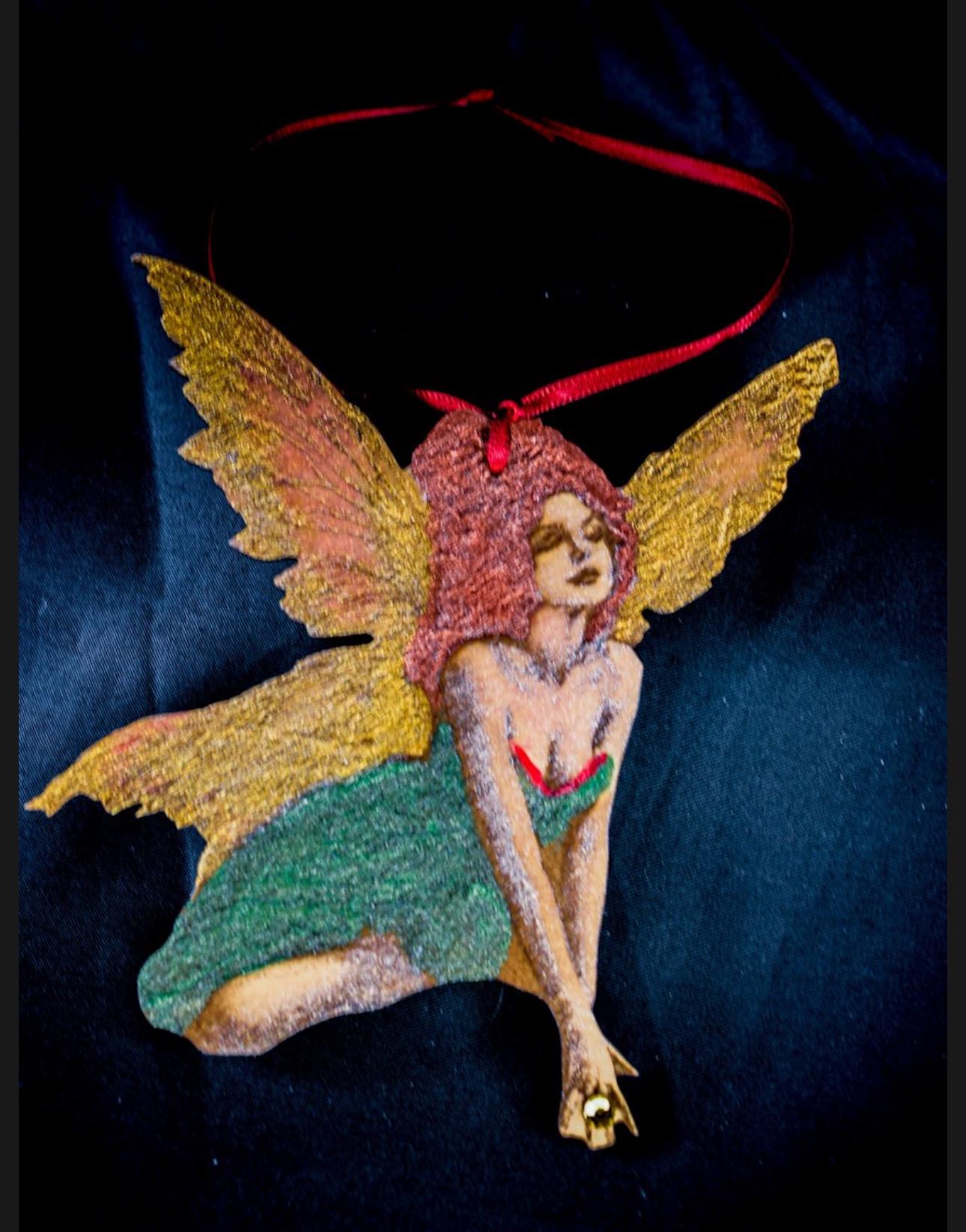 Hand-Painted Christmas Fairy Ornament: Engraved Wood with Satin Ribbon