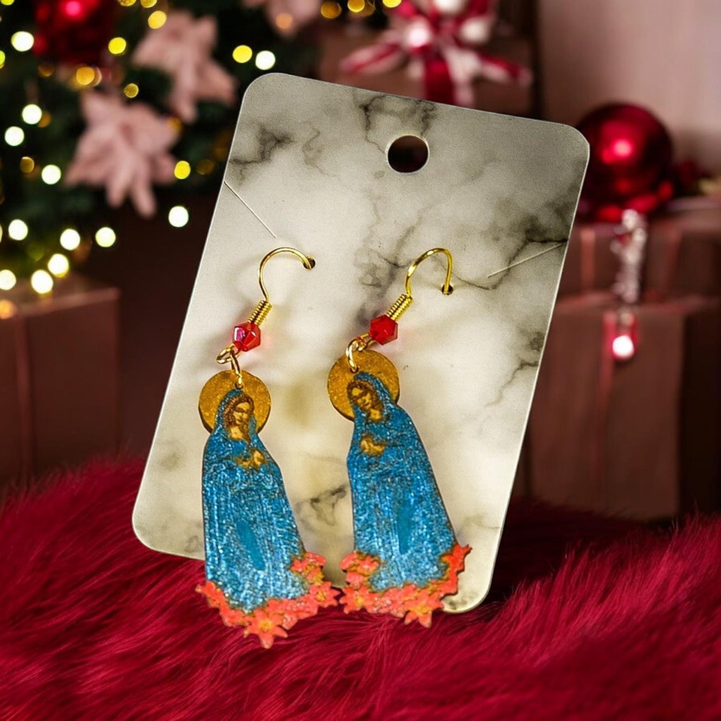 Hand-Painted Virgin Mary Earrings: Metallic Nativity Wood Dangles