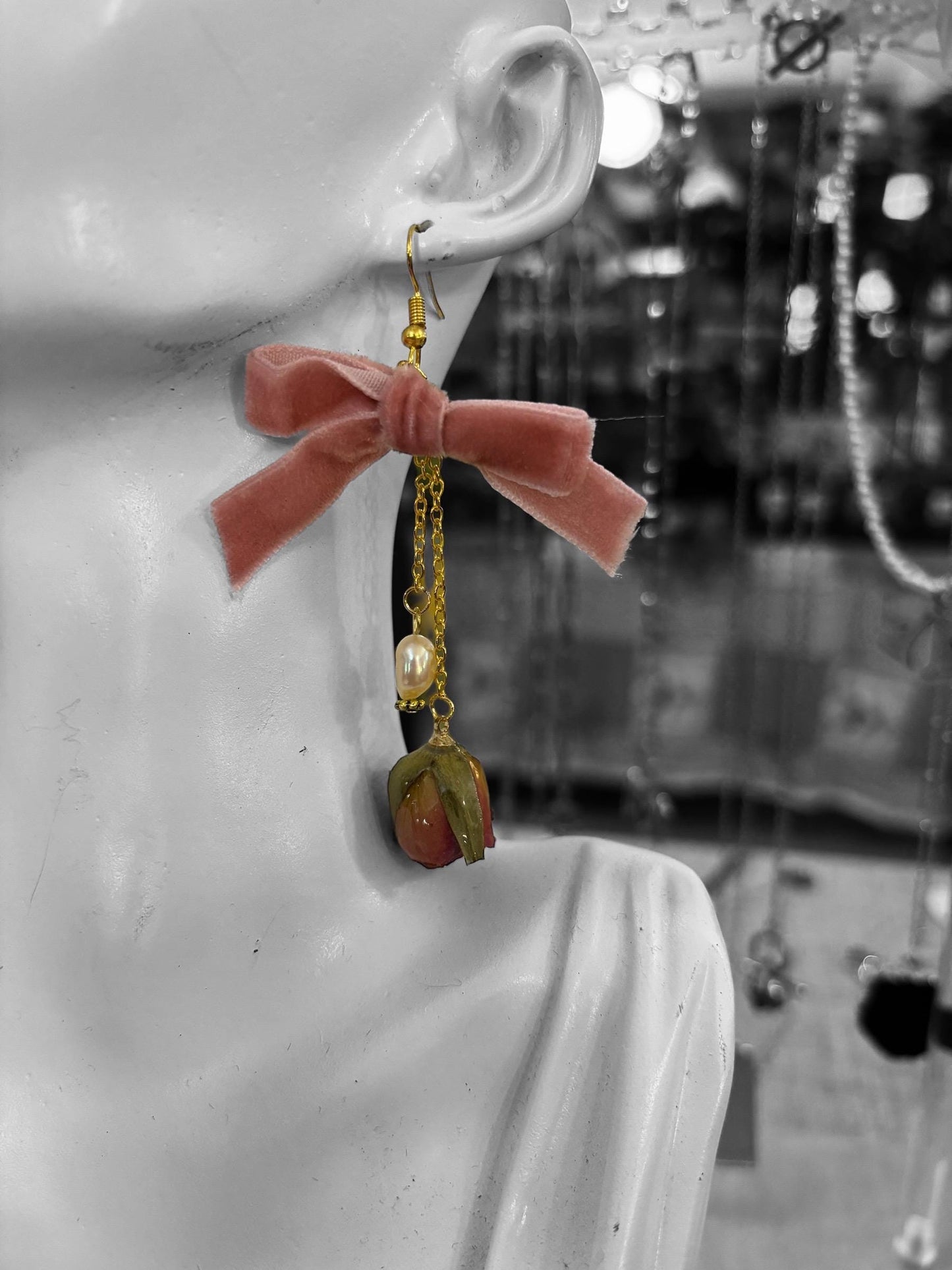 Pink Rose, Ribbon and Pearl Dangle Earrings Made From Real Preserved Rose Bud