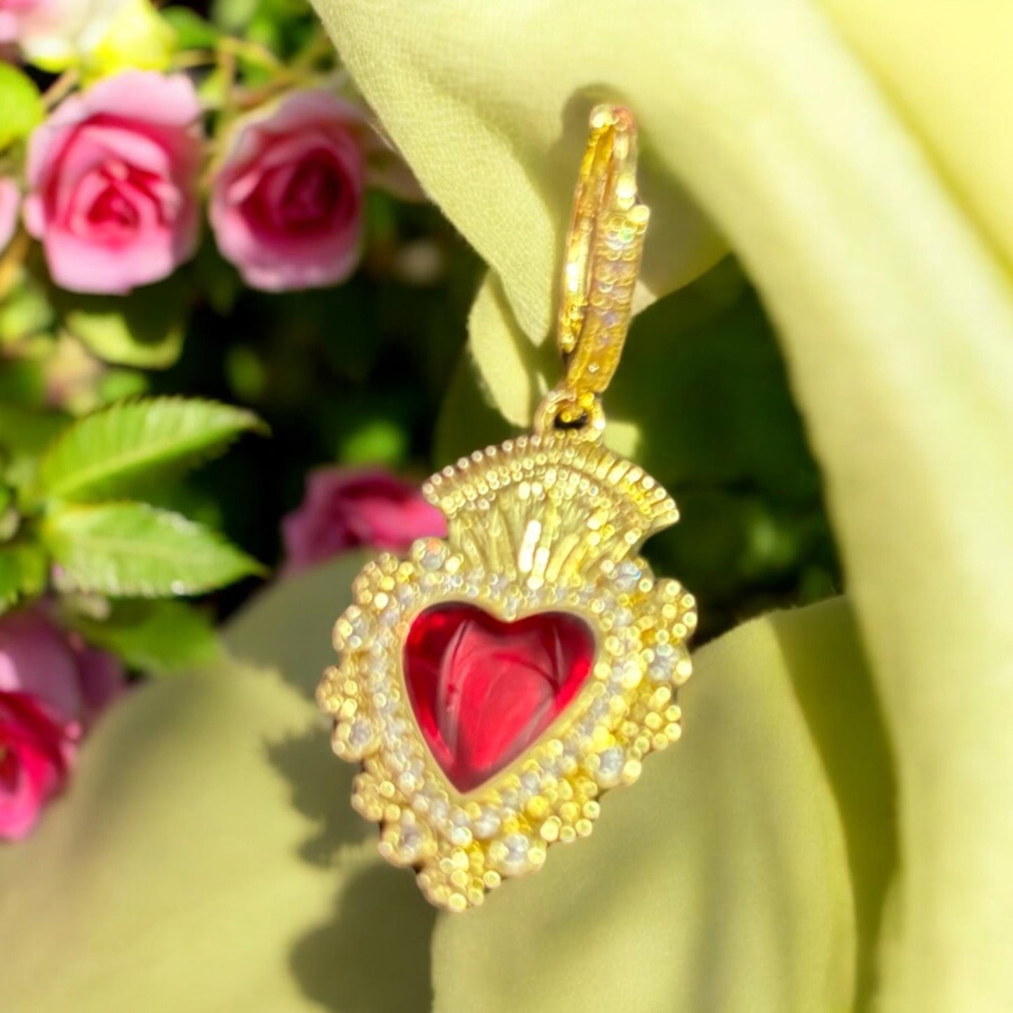 Red Sacred Heart Huggie Hoops: Diamanté Detail Golden Earrings