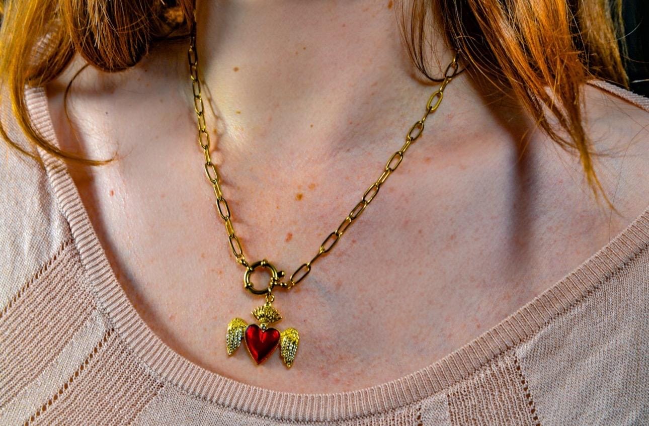 Red Sacred Heart Necklace: 18K Gold-Plated Paperclip Chain