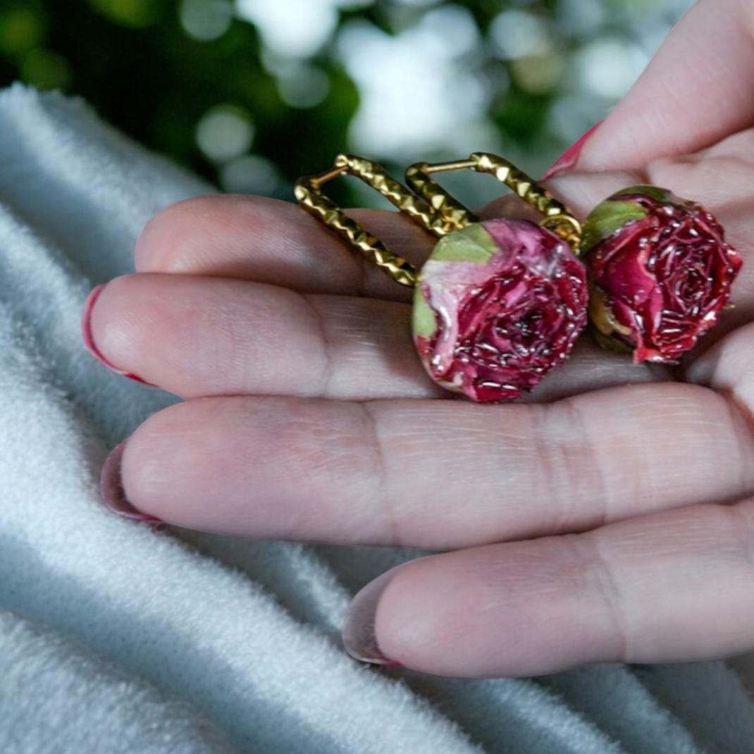Rose-Red Huggie Earrings Made From Preserved Rosebuds and Gold