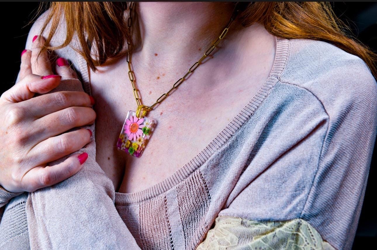 Preserved Pink Daisy and Wild Flowers Pendant, Gold Chain Necklace: Original Valentines Gift