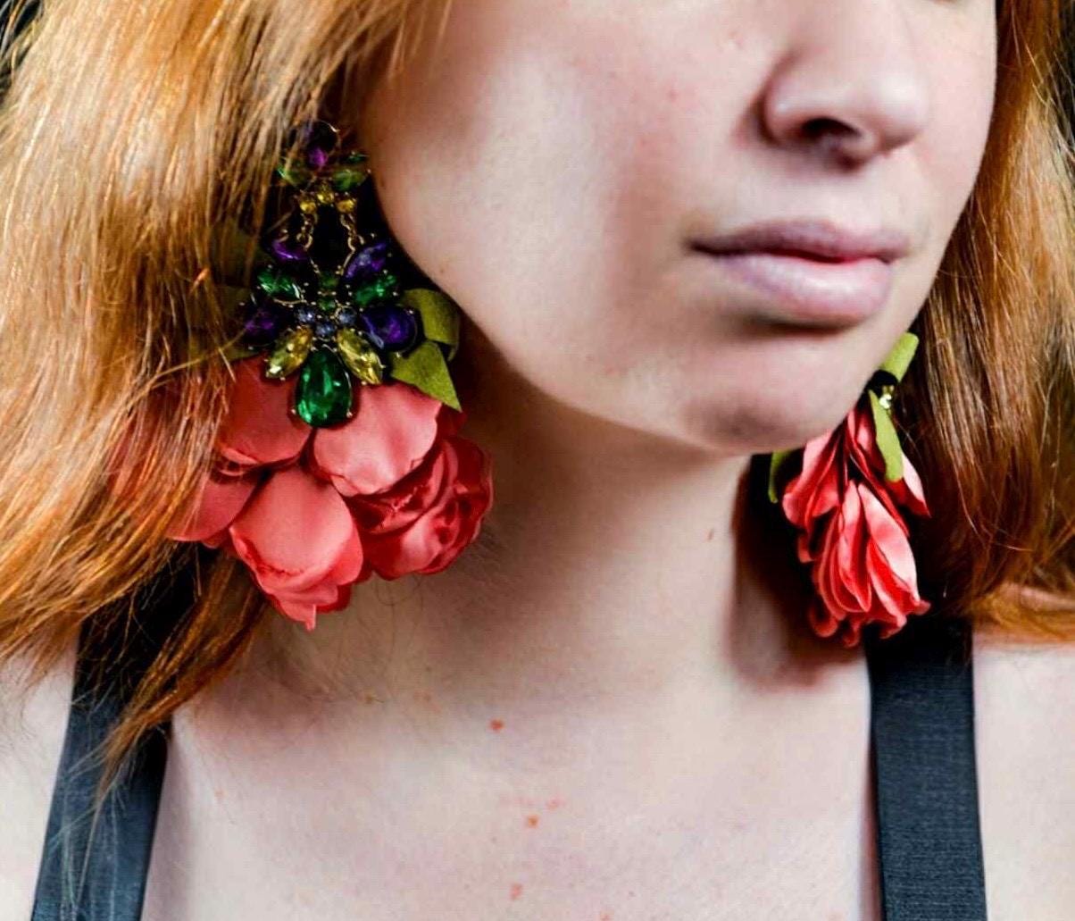 Romantic Fushia Pink Fabric XL dangling earrings with Colorful Jewels