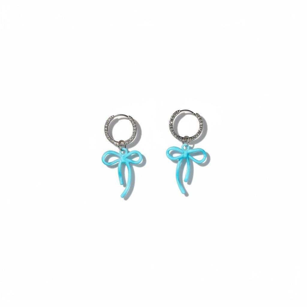Silver Huggie Earrings: Blue Bow Dangle, Crinkled Hoop