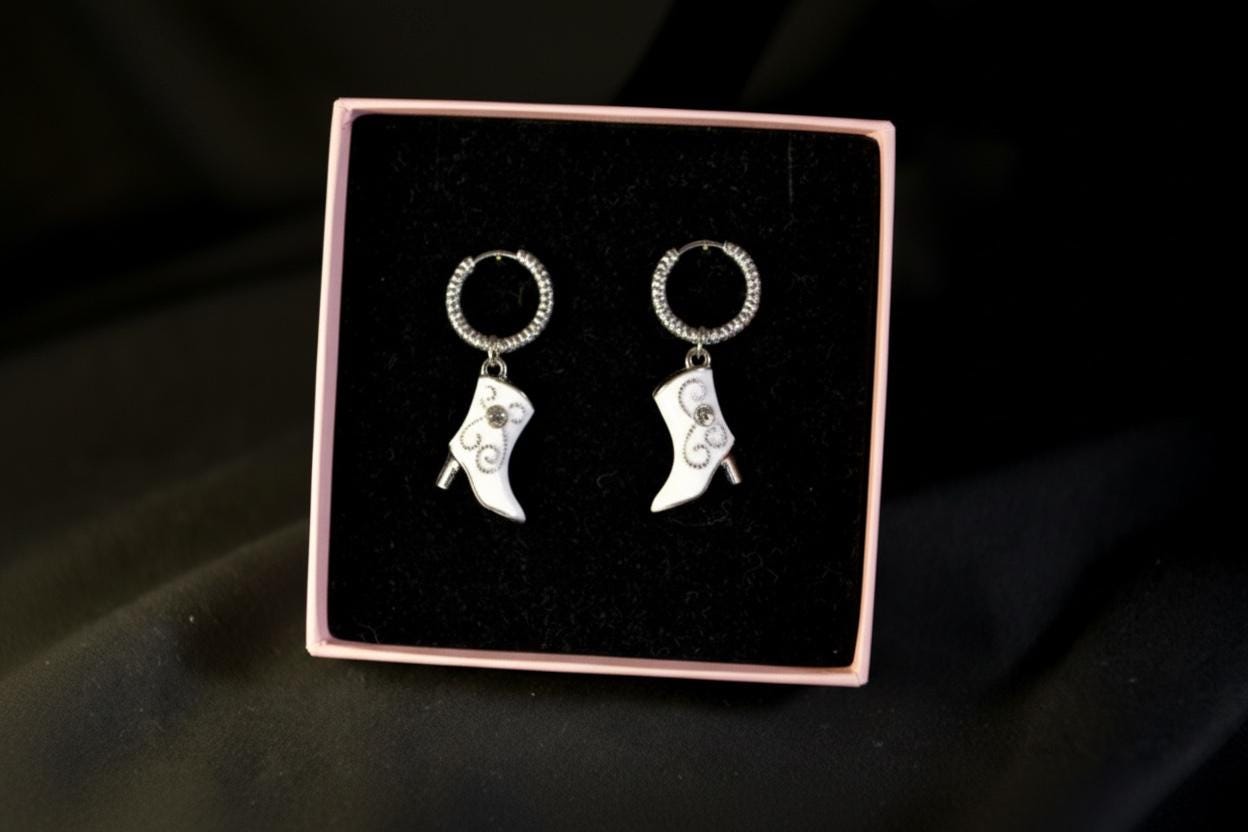 Silver Huggie Earrings: White and Pink Cowgirl Boot, Crinkled Hoop