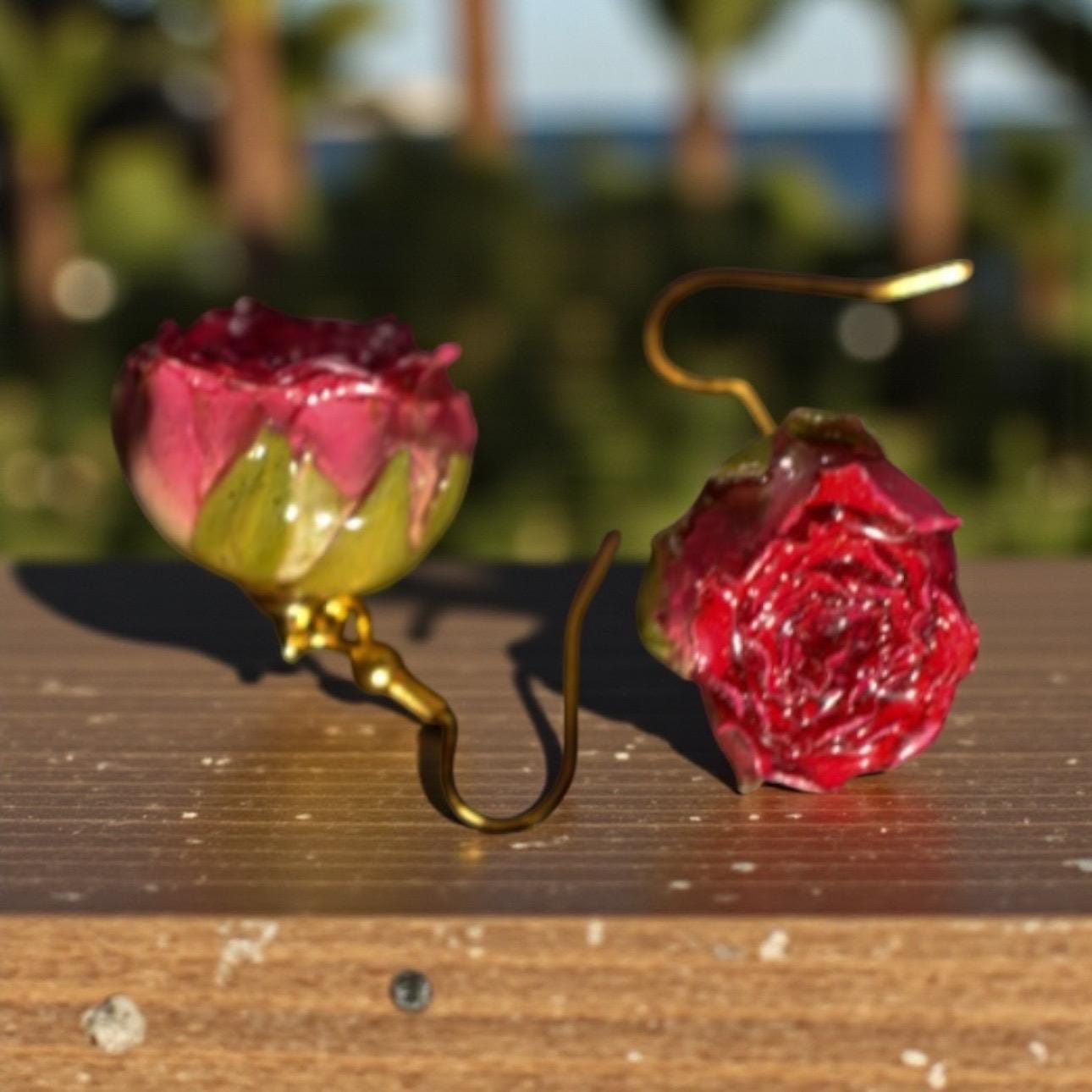 Rose-Red Dangle Drop Made From Preserved Rosebuds and Gold