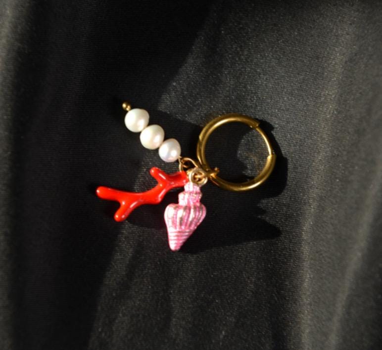 Golden Huggie Charm Earrings: Seashell, Coral, Lobster.