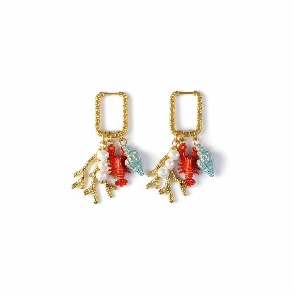 Golden Huggie Charm Earrings: Seashell, Coral, Lobster and Pearl string