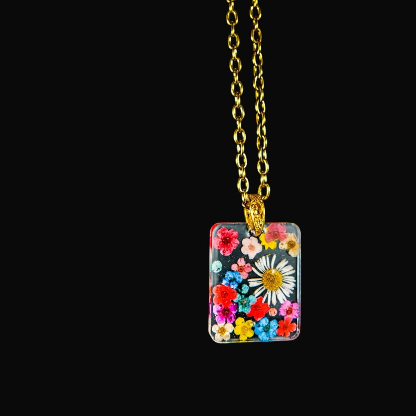 Preserved Daisy and Wild Flowers Pendant, Gold Chain Necklace.