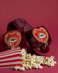 Luxurious Burgundy Slippers Embellished With Embroidered Beaded Sacred Hearts