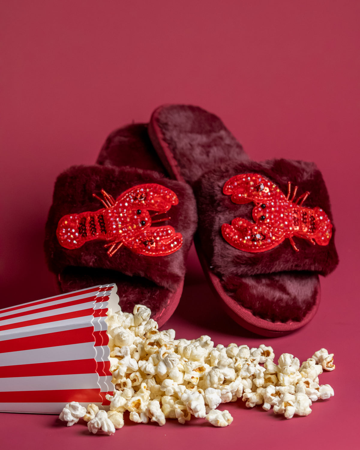 Luxurious Burgundy Slippers With Beaded Lobster