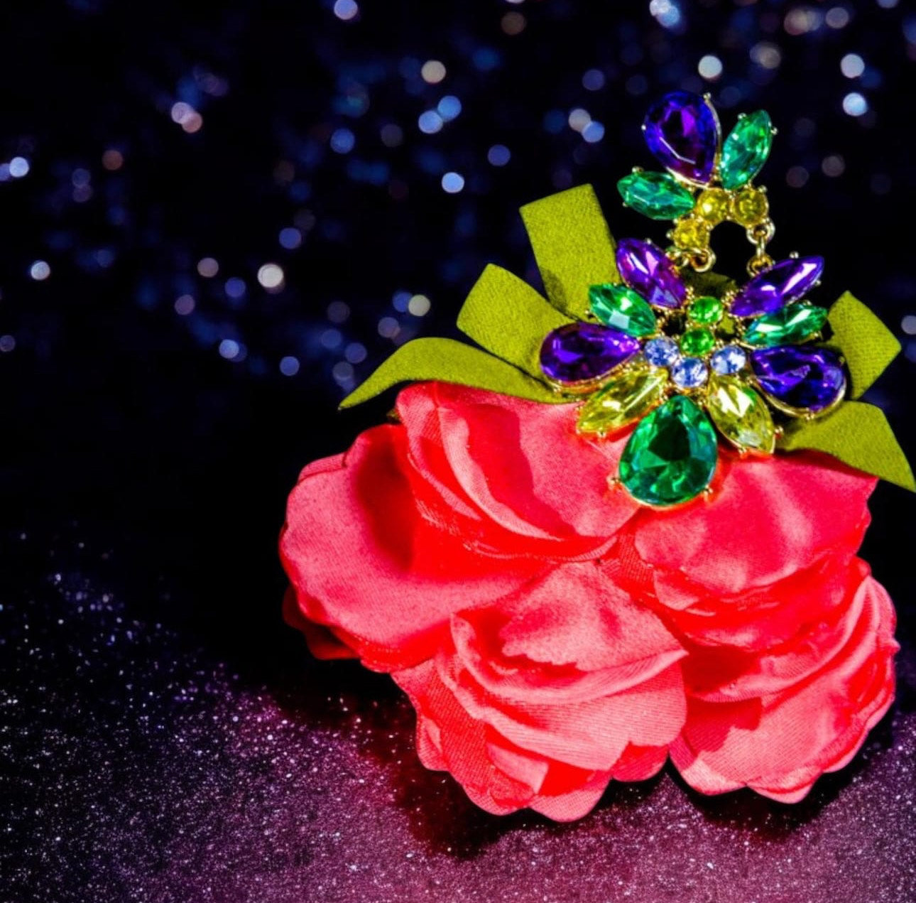 Romantic Fushia Pink Fabric XL dangling earrings with Colorful Jewels