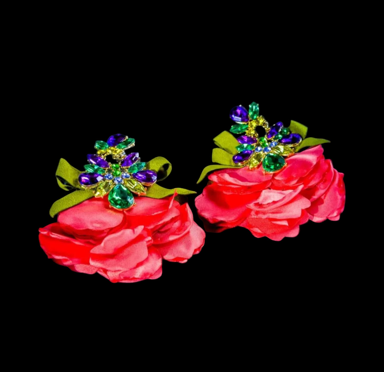 Romantic Fushia Pink Fabric XL dangling earrings with Colorful Jewels
