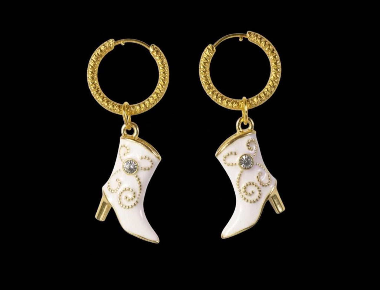 Gold Huggie Earrings: Red and Pink Cowgirl Boot, Crinkled Hoop