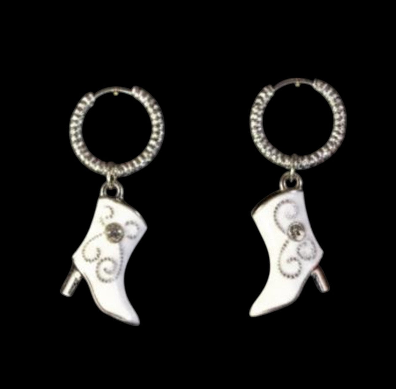 Silver Huggie Earrings: White and Pink Cowgirl Boot, Crinkled Hoop