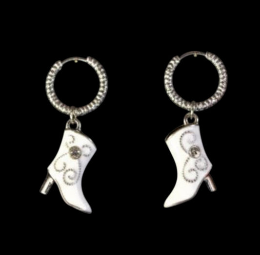 Silver Huggie Earrings: White and Pink Cowgirl Boot, Crinkled Hoop