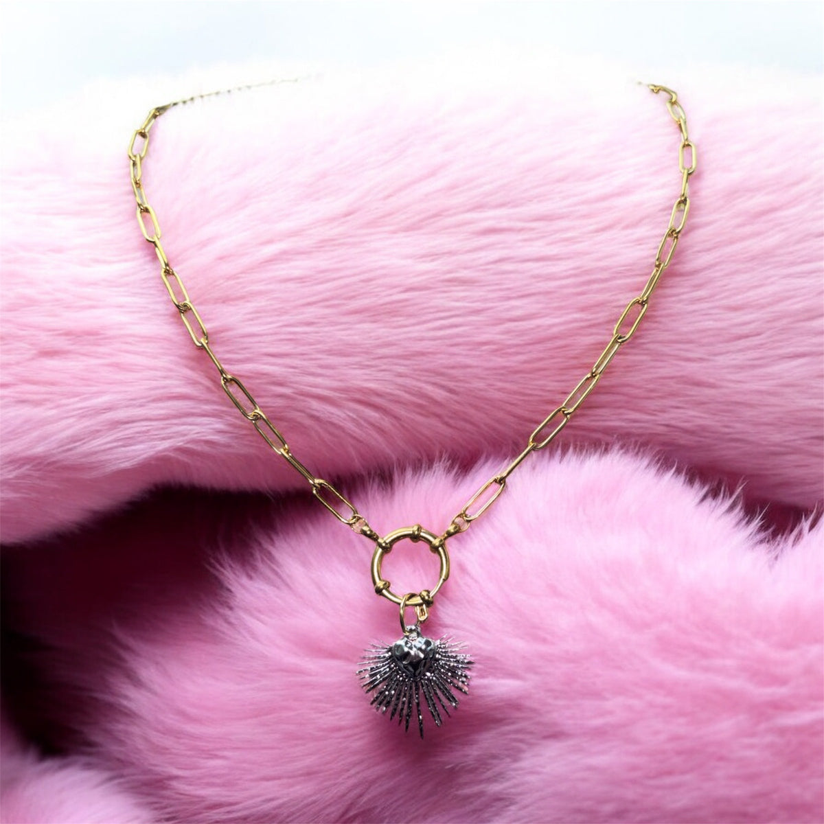 Gold Sacred Heart Necklace: 18K Gold-Plated Paperclip Chain
