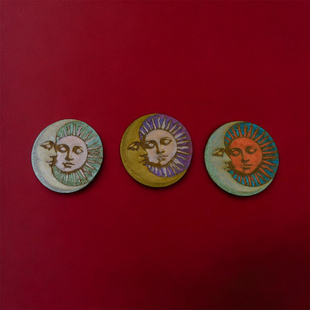 Hand painted Sun and Moon Broaches