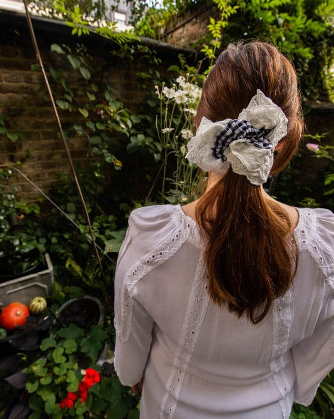 Gorgeous Giant XL Blck and White Gingham Scrunchie with Lace Trim