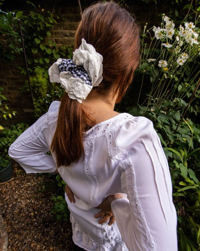 Gorgeous Giant XL Blck and White Gingham Scrunchie with Lace Trim