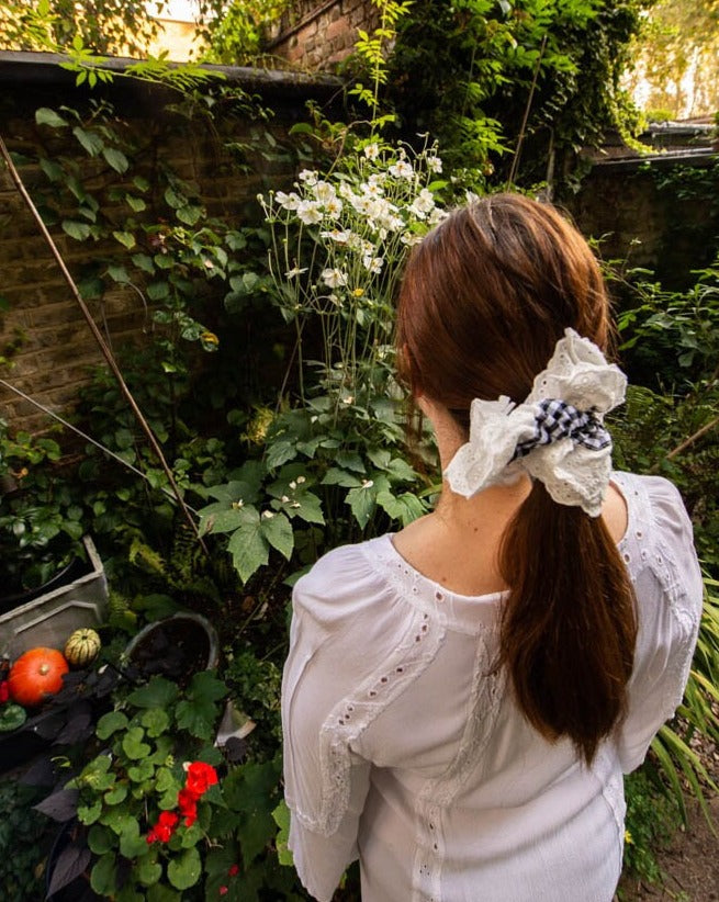 Gorgeous Giant XL Blck and White Gingham Scrunchie with Lace Trim