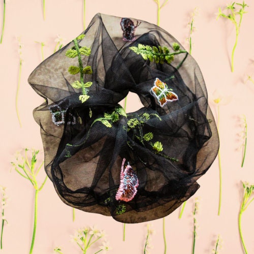 Gorgeous Magical 'Butterfly' Black Tulle XXL Scrunchie - Jumbo Soft Elastic Hair Tie