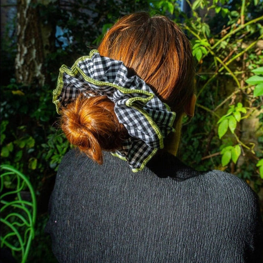 Stunning Black and White Gingham XL Scrunchie with Lime-Green stitching