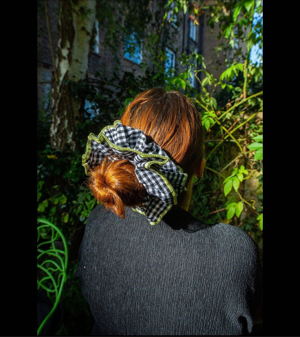 Gingham XL Scrunchie: Black and White with Lime-Green Stitching
