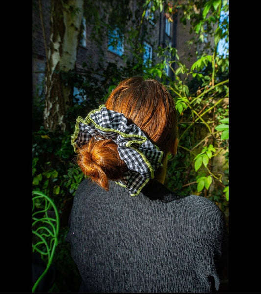 Gingham XL Scrunchie: Black and White with Lime-Green Stitching