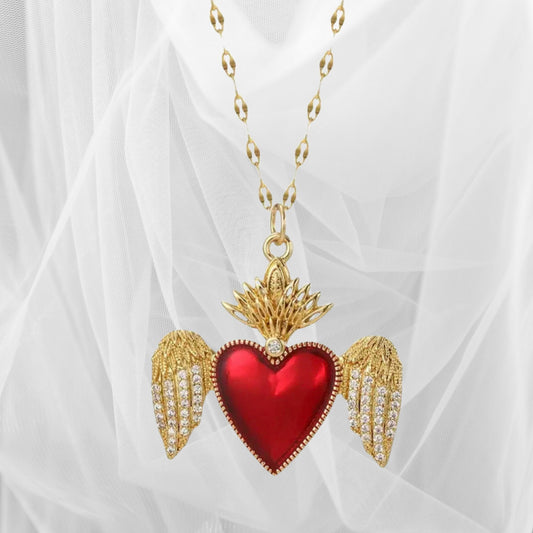 Red Sacred Heart Necklace: Gold Chain Pendant with Wings