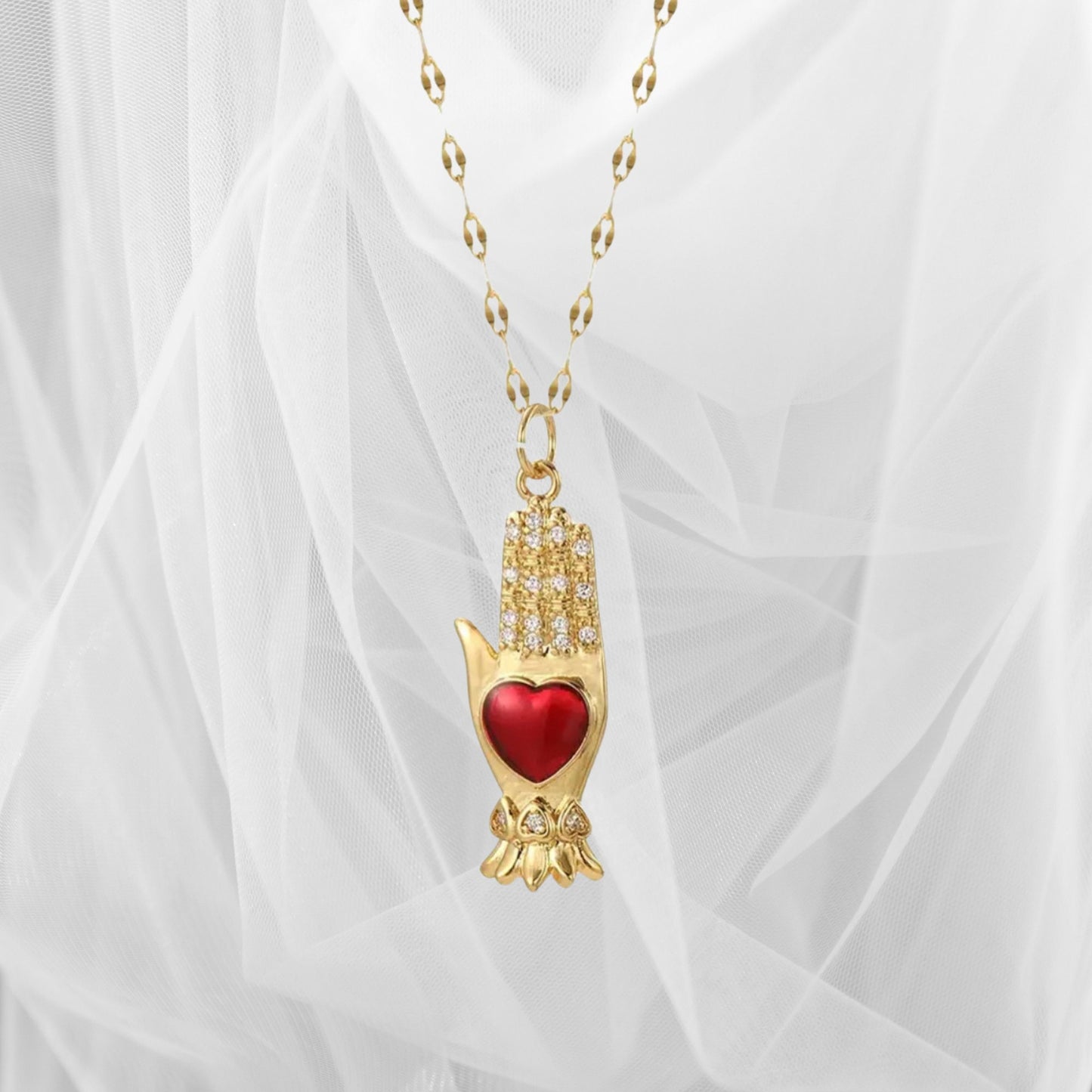 Stunning Gold Boho Hand and Heart Necklace with Earrings