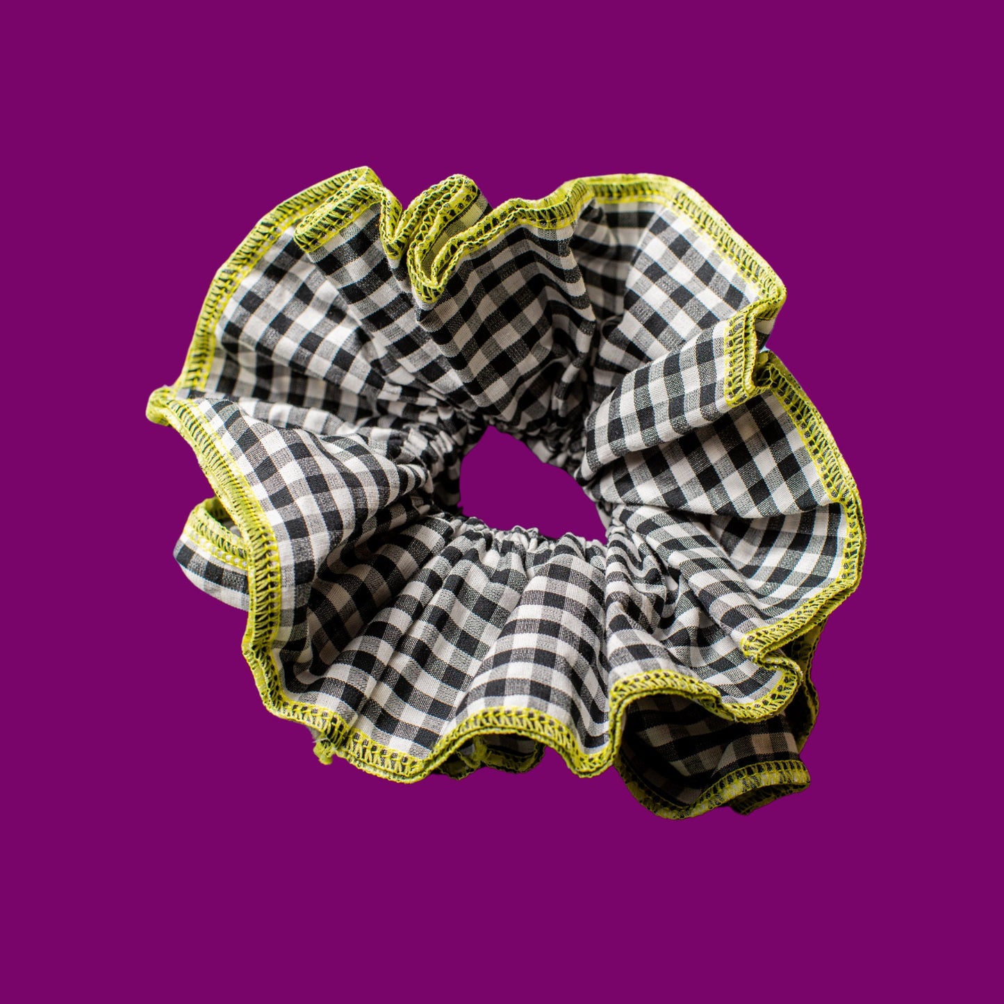 Gingham XL Scrunchie: Black and White with Lime-Green Stitching