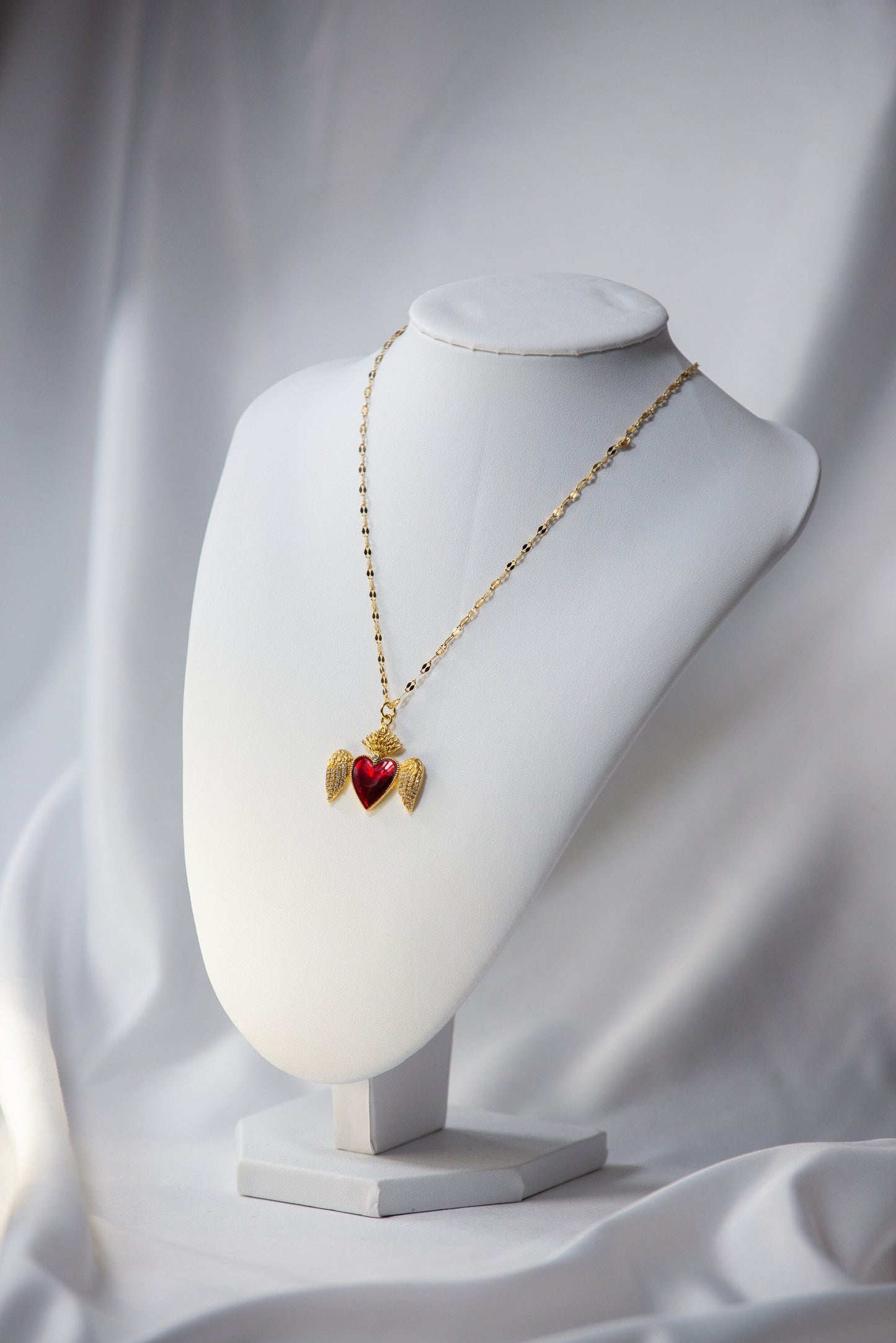 Red Sacred Heart Necklace: Gold Chain Pendant with Wings