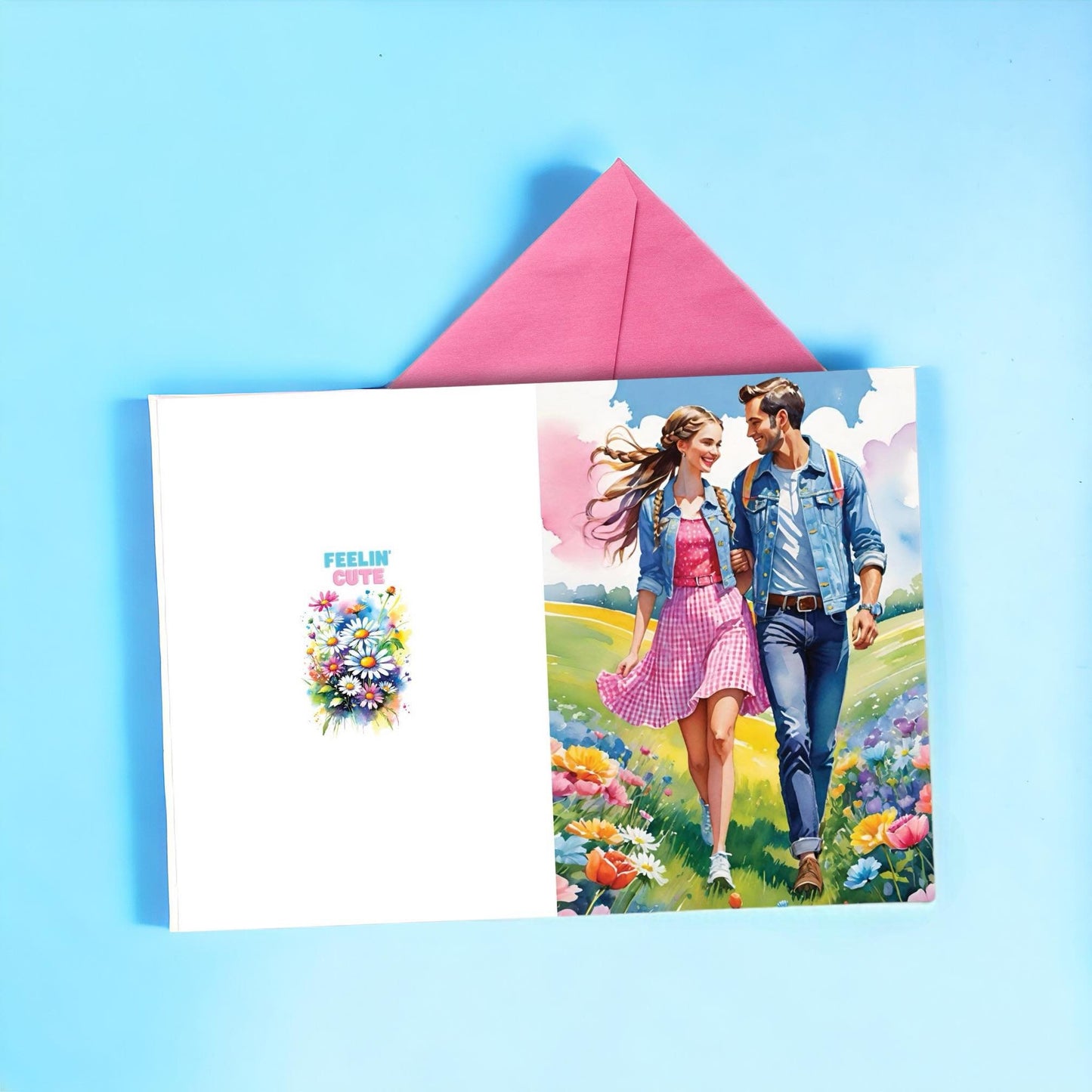 Feeling Cute: Beautiful Printable Love Card - Watercolour Couple in Meadow