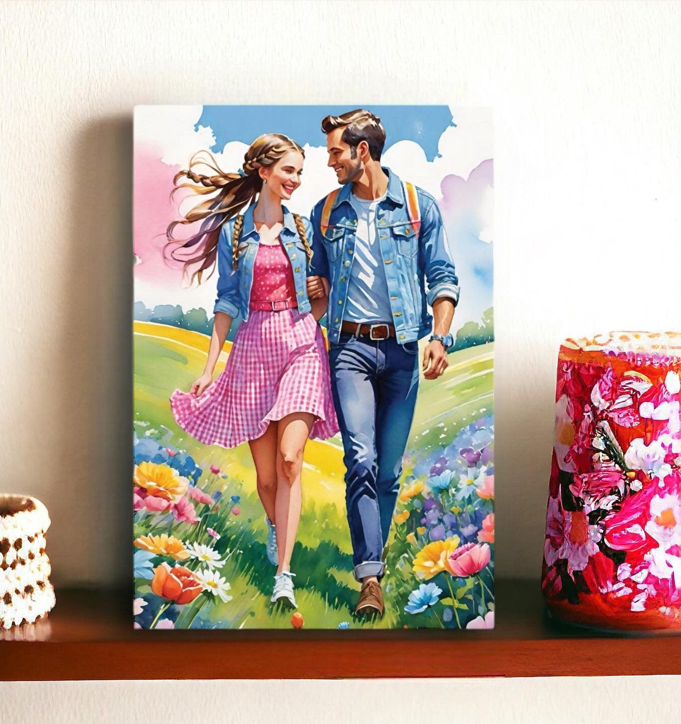 Feeling Cute: Beautiful Printable Love Card - Watercolour Couple in Meadow