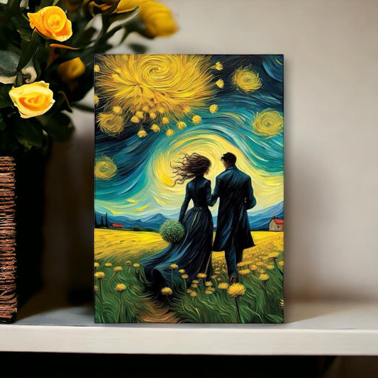 Beautiful Printable Romantic Card: Van Gogh-inspired painting of couple walking in meadow