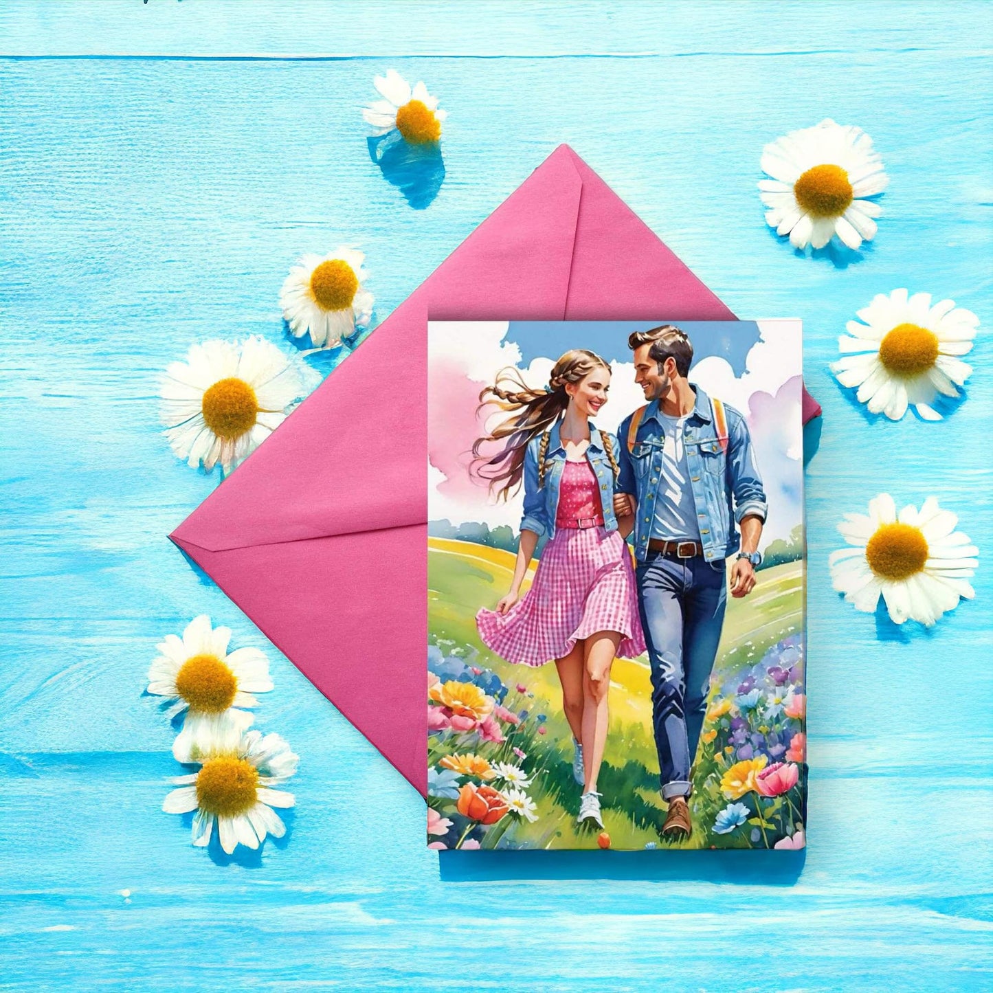 Feeling Cute: Beautiful Printable Love Card - Watercolour Couple in Meadow