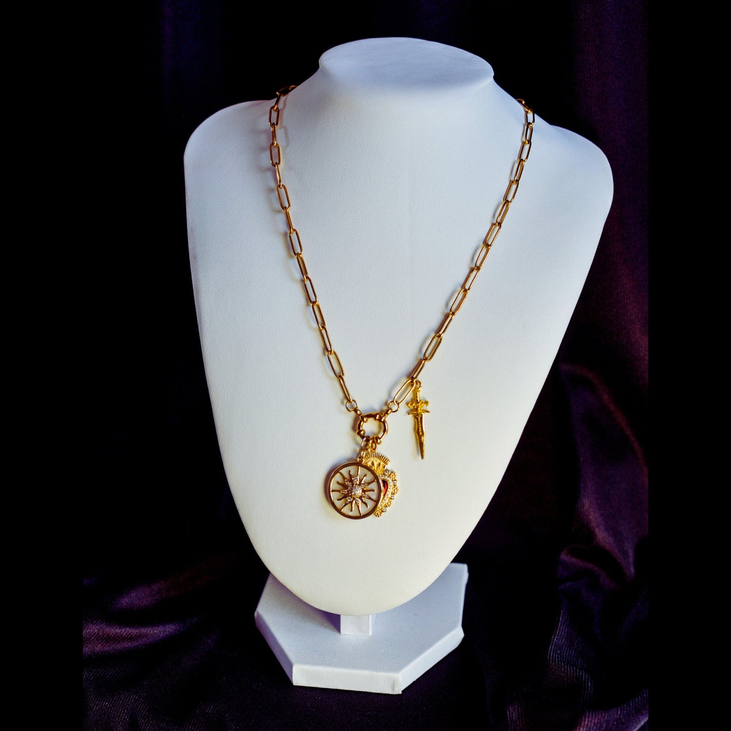 Romeo & Juliet Charm Necklace: Sacred Heart, Sun, Dagger