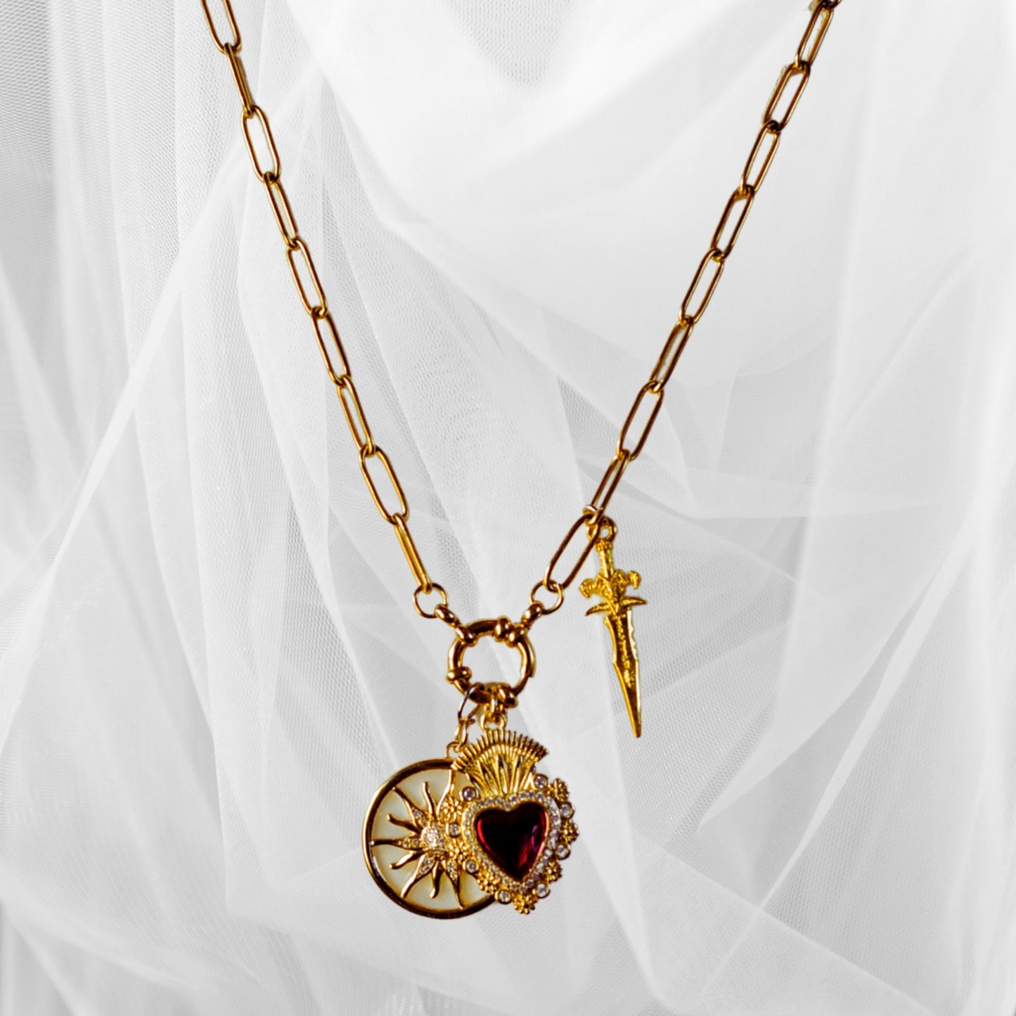 Romeo & Juliet Charm Necklace: Sacred Heart, Sun, Dagger