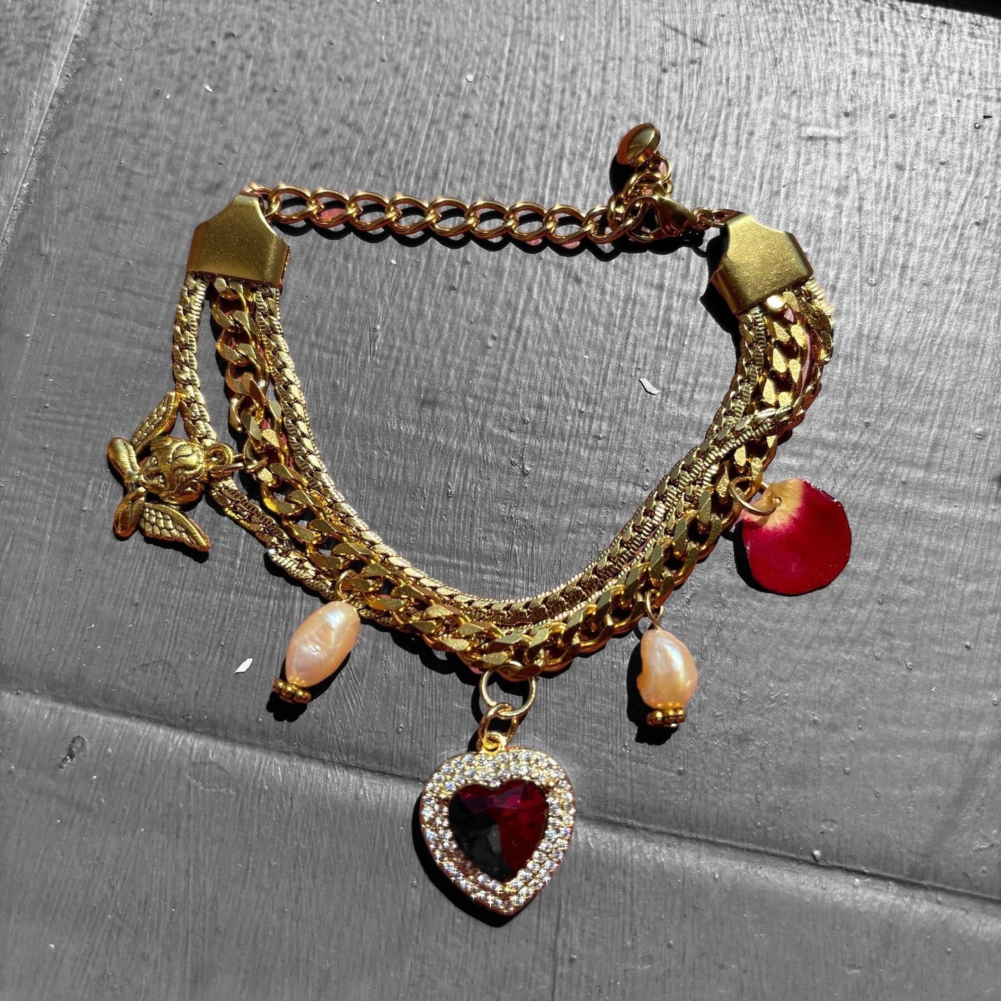 Romantic Golden Charm Bracelet with Petal, Angel, Ruby Heart and Pink Mother Pearls