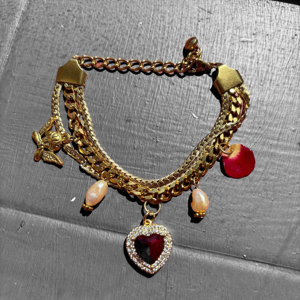 Romantic Golden Charm Bracelet with Petal, Angel, Ruby Heart and Pink Mother Pearls